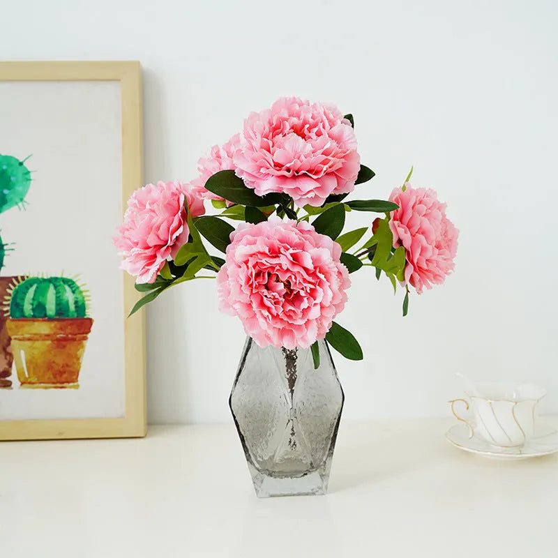 Artificial 5-head peony silk bouquet 40cm in light champagne colour for wedding decor