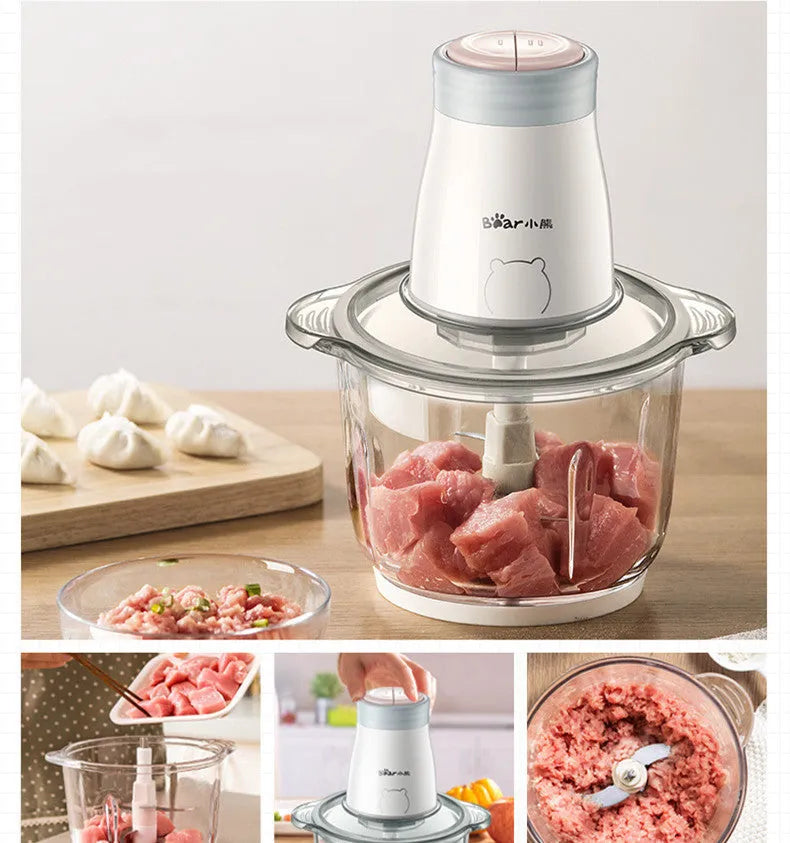 2L glass bowl electric vegetable chopper blender with stainless steel interface and blade assembly