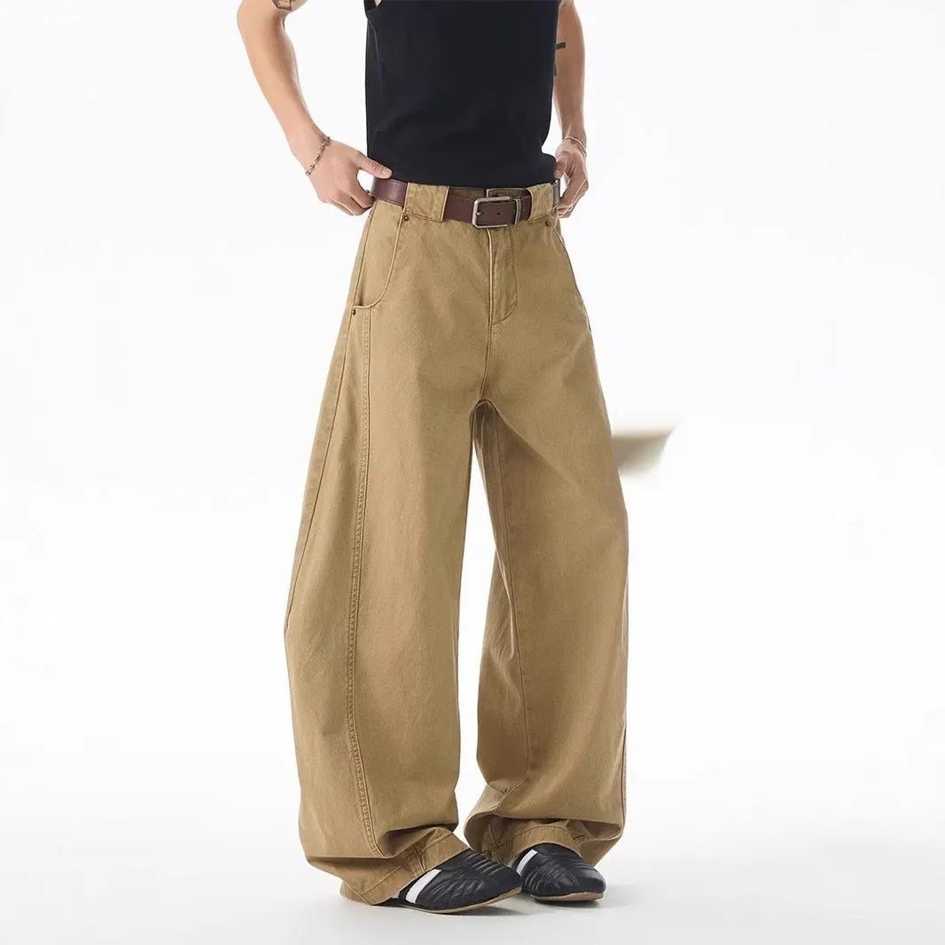 Brown Korean style straight leg men's jeans with button fly