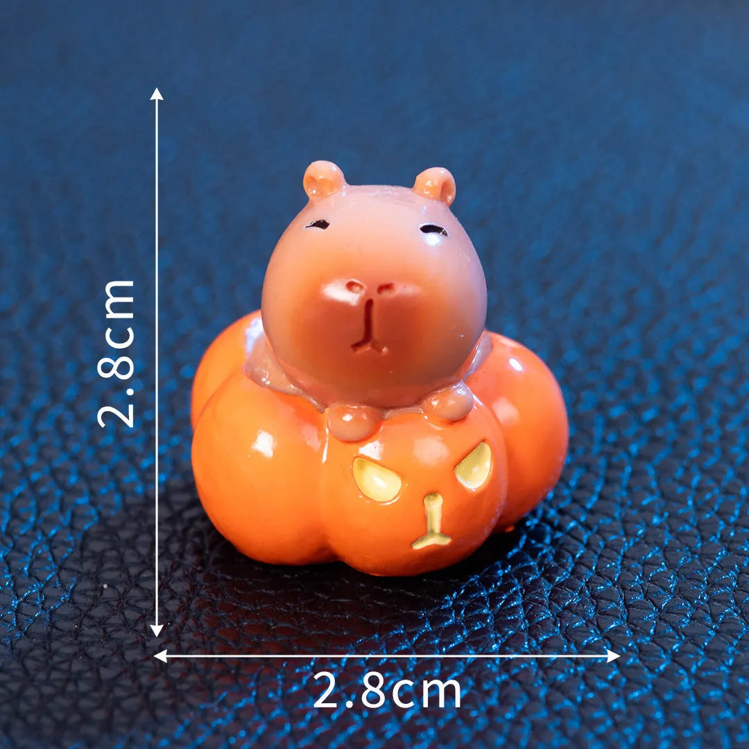 Eight cute Halloween capybara resin figurines including pumpkin, zombie, ghost, mummy, vampire, witch hat, little devil, skull