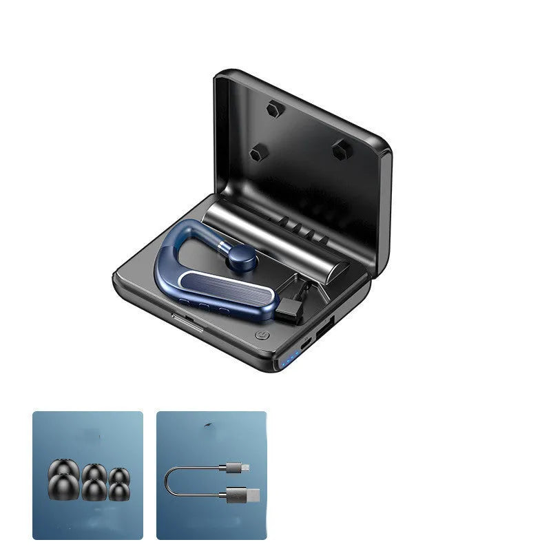Black Bluetooth earphone with hanging ear design and silicone ear cap, shown with spare ear caps and charging cable.