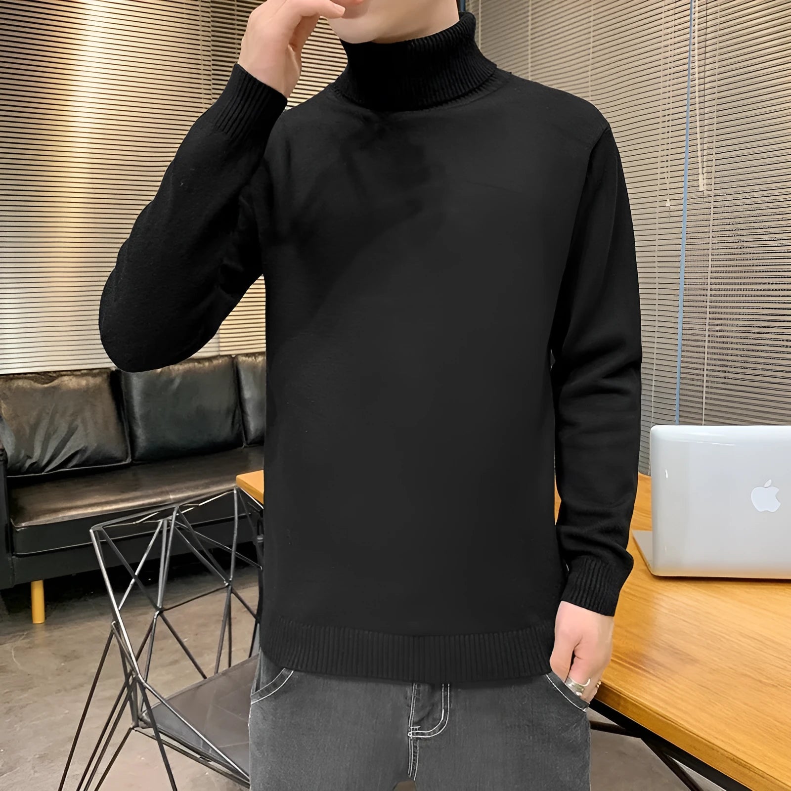 Slim-fit turtleneck sweater with velvet lining in beige, long sleeves and ribbed hem, worn casually