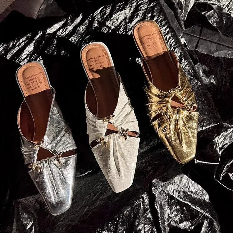 Genuine leather women's half toe cap slippers in gold with low heel and square toe