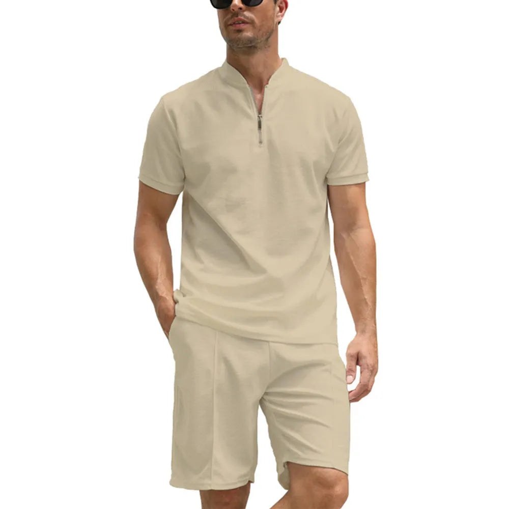 Men's solid colour polo shirt suit two-piece set in beaded bird's eye fabric with Asian sizing options