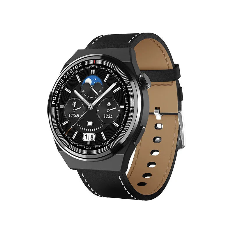 Black Bluetooth smartwatch with NFC payment, blood glucose monitor, and 1.39 inch circular tempered glass screen