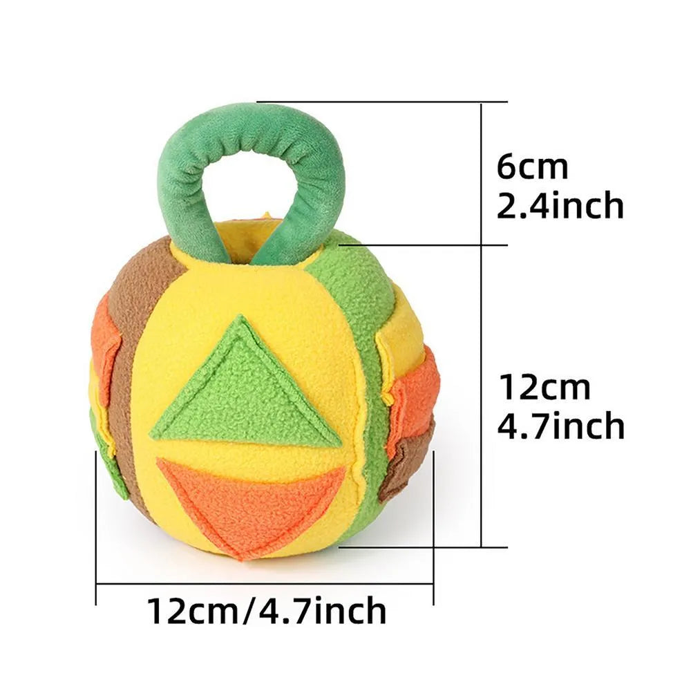 Green and pink plush squeaky dog ball toy with treat pockets for small medium dogs