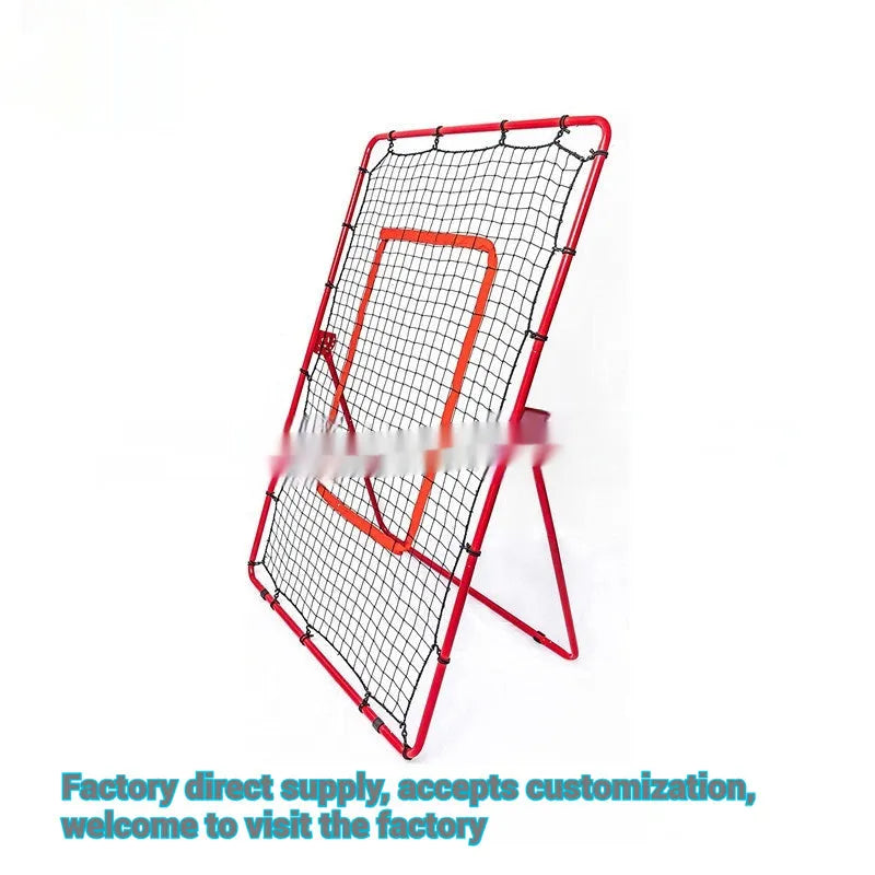 Red metal frame baseball training net set up for practice, measuring 4x6ft with poles