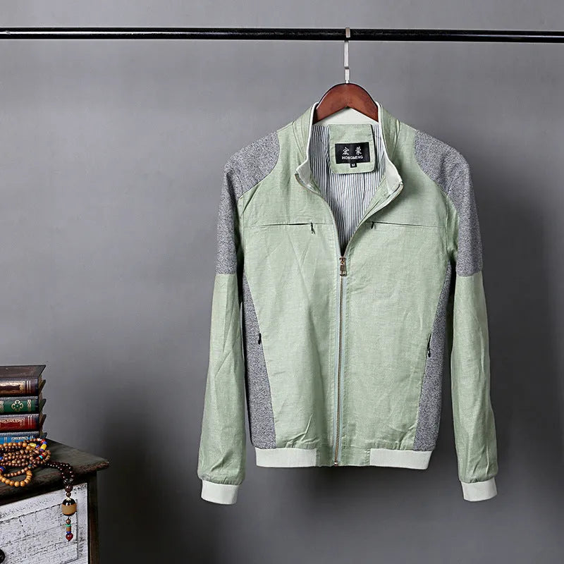 Men's thin cotton linen jacket in colour block pattern, shown in heather grey, grass green, and blue colour options.