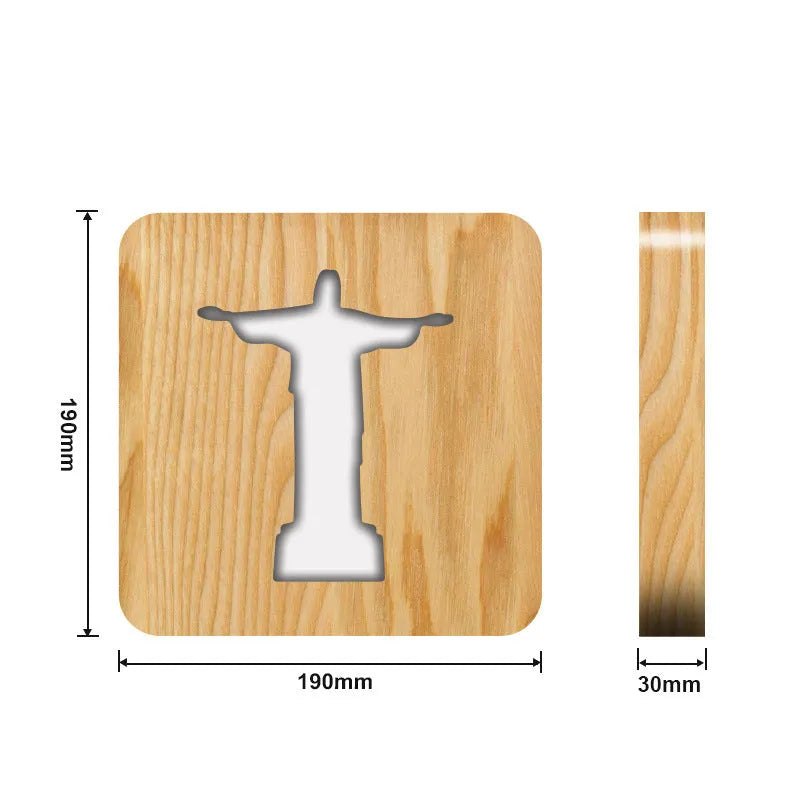Solid wood hollow night lamp with warm white LED light, USB cable, and button switch on a wooden table