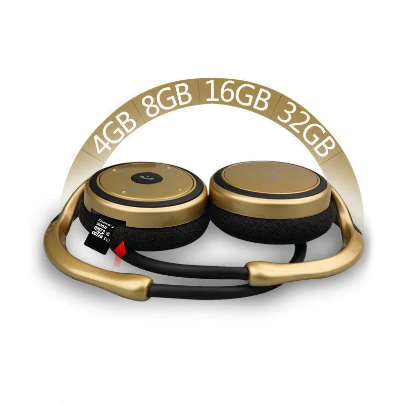 Stereo wireless Bluetooth headset in Black, Gold, and White colours with TF card and FM radio support