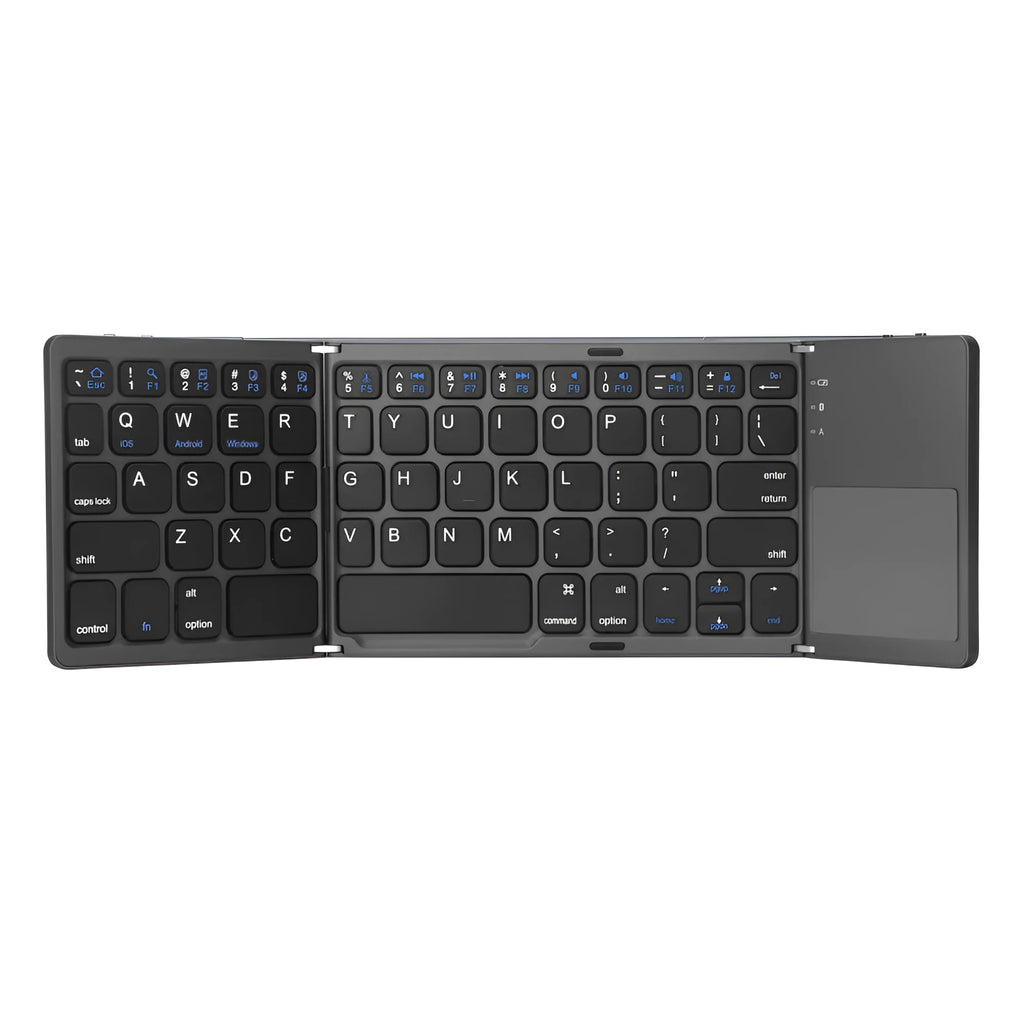Ultra-thin tri-fold folding Bluetooth keyboard with touchpad, shown in black, folded and unfolded.