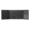 Ultra-thin tri-fold folding Bluetooth keyboard with touchpad, shown in black, folded and unfolded.