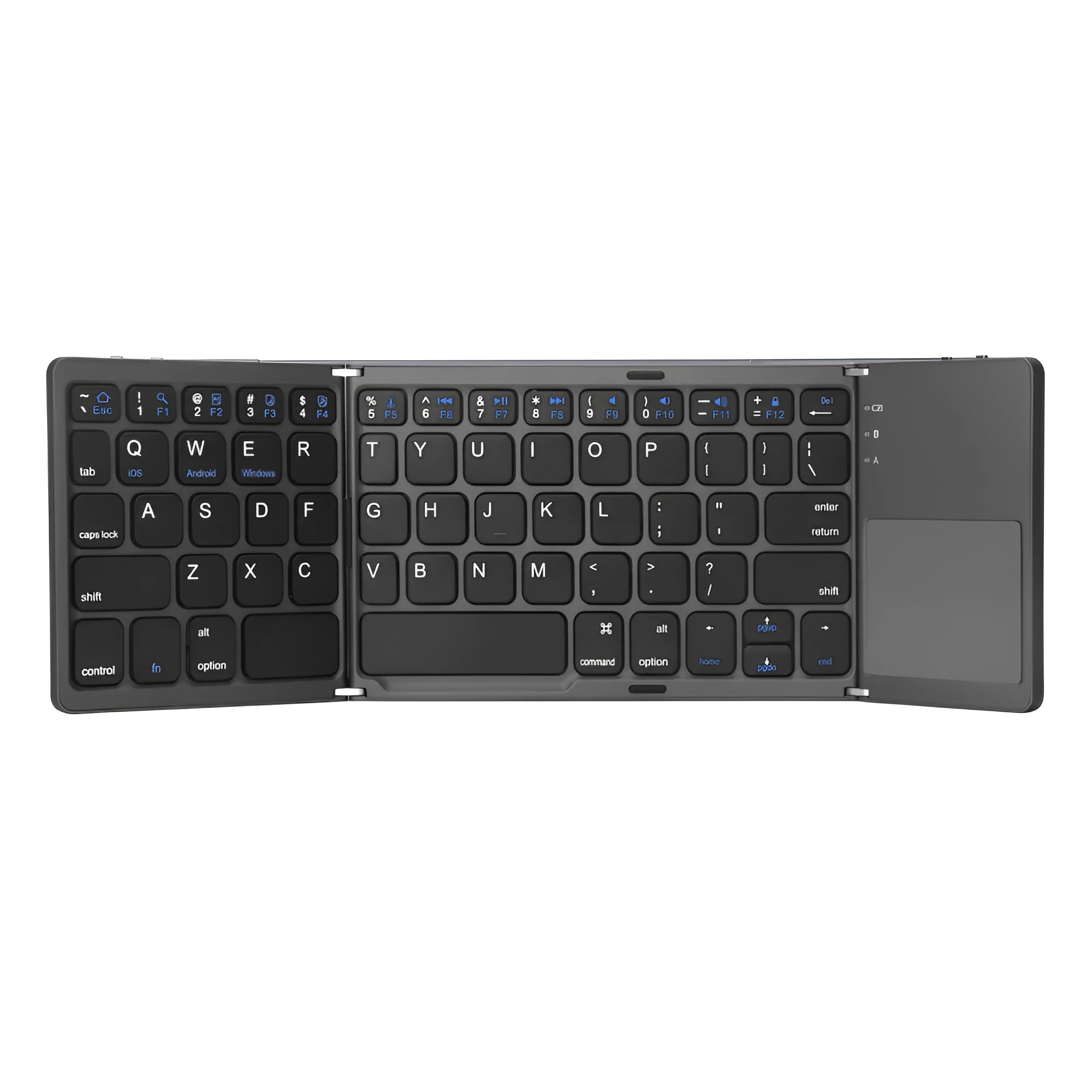 Ultra-thin tri-fold folding Bluetooth keyboard with touchpad, shown in black, folded and unfolded.