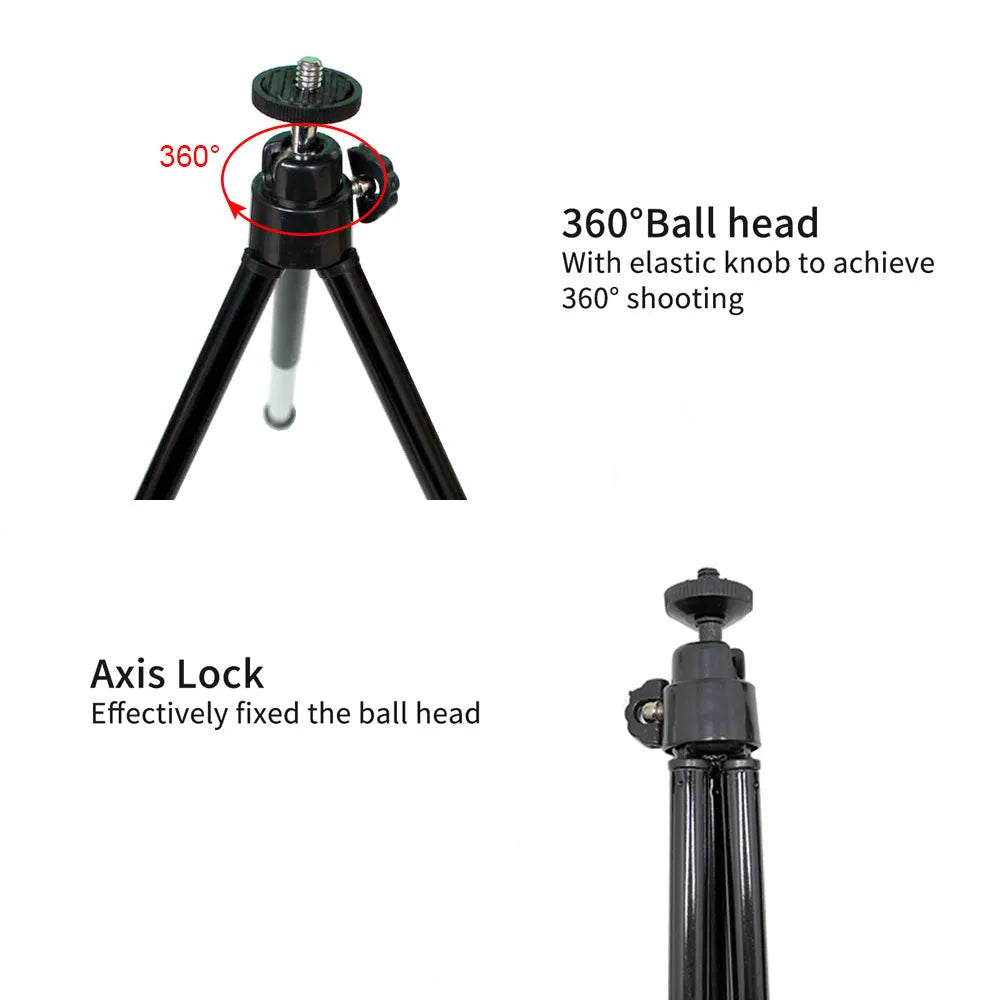 Black universal mini flexible tripod stand with extendable legs and phone clip for cameras and smartphones