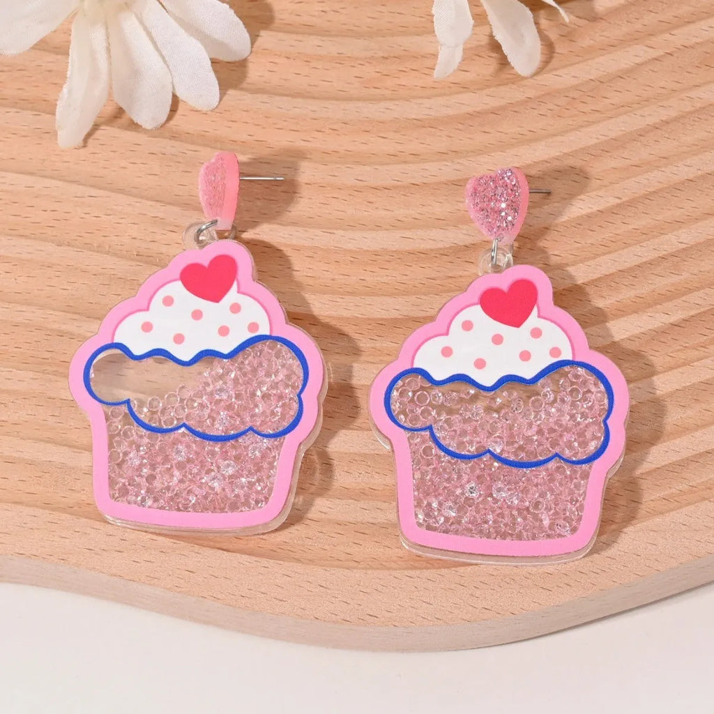 Acrylic drop earrings with fruit and dessert motifs including cherry, strawberry, watermelon, pineapple, coconut, cake, and ice cream, in pastoral style for women