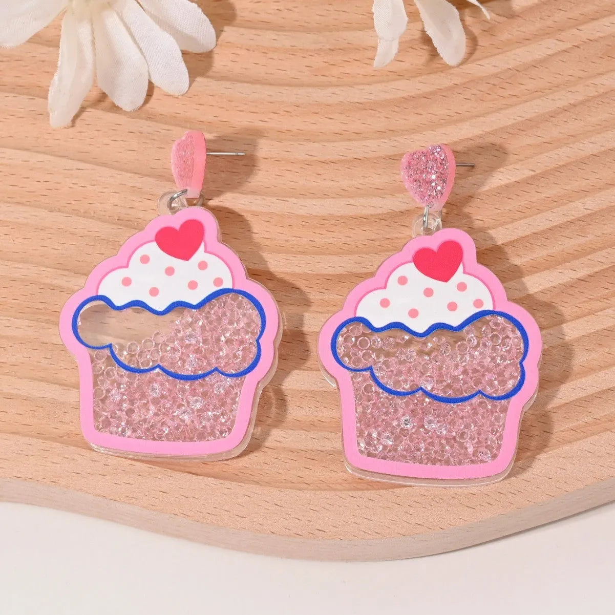 Acrylic drop earrings with fruit and dessert motifs including cherry, strawberry, watermelon, pineapple, coconut, cake, and ice cream, in pastoral style for women