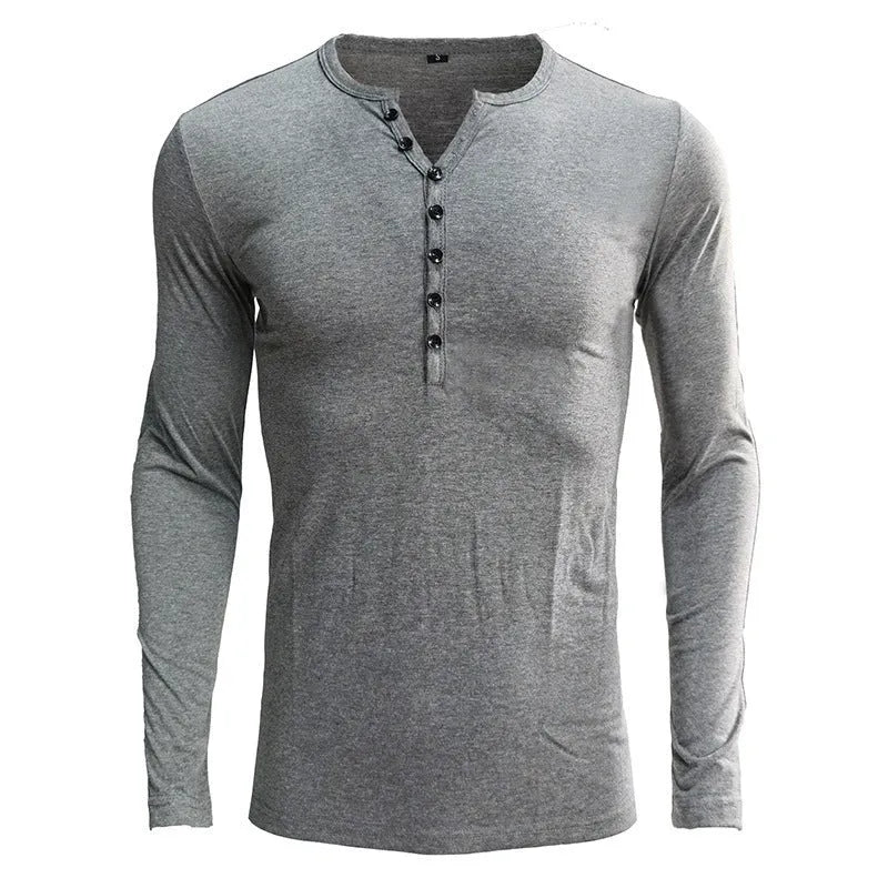 Men's long sleeve cotton blend pullover t-shirt in solid colour, Blue Gray Wine Red options, European and American style