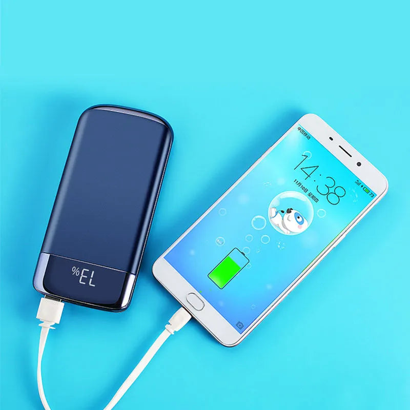 Portable 20000mAh LCD display power bank with dual USB ports and LED light in black