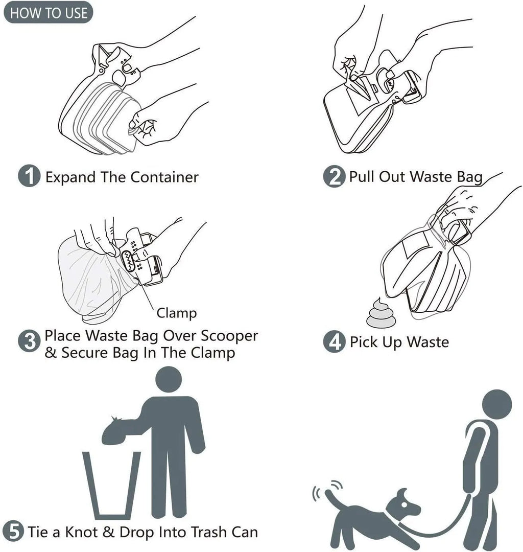 Blue portable dog pooper scooper with carabiner clip and integrated waste bag compartment.