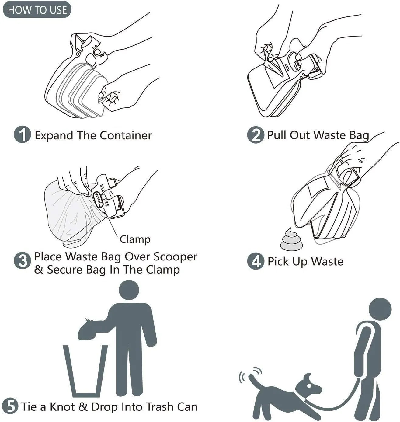 Blue portable dog pooper scooper with carabiner clip and integrated waste bag compartment.