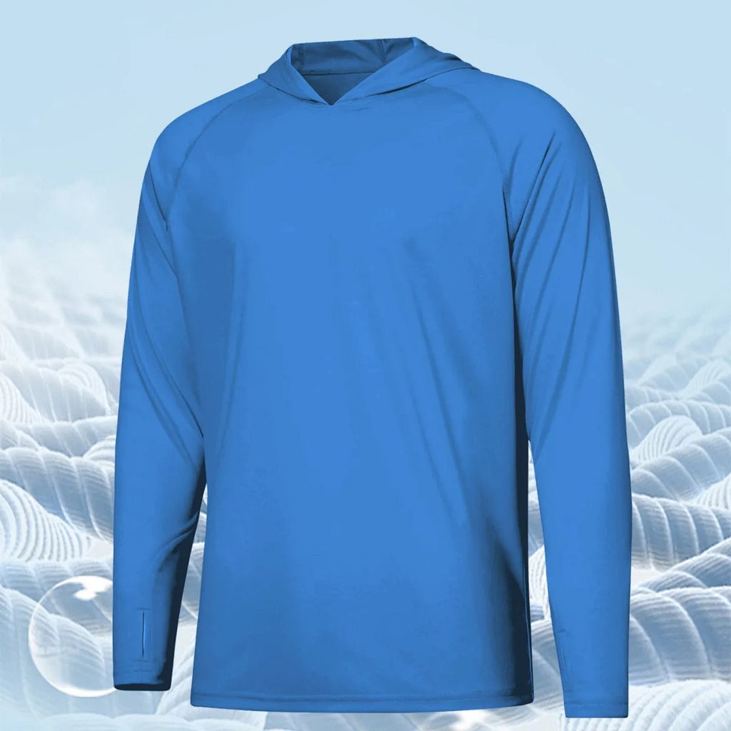 Outdoor UV protection long sleeve hooded thin top in solid colour, polyester fabric, with hood up.