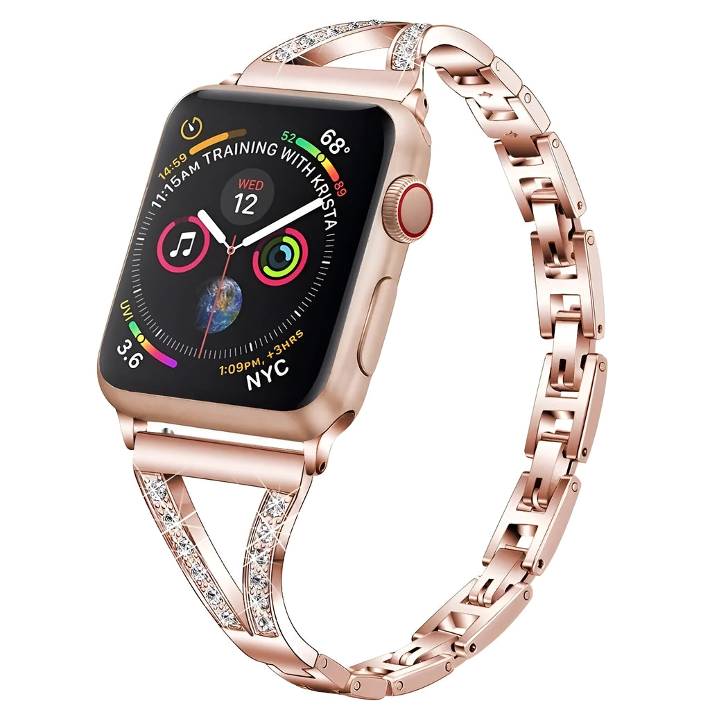 Stainless steel Apple Watch strap with diamond studs in multiple colour options
