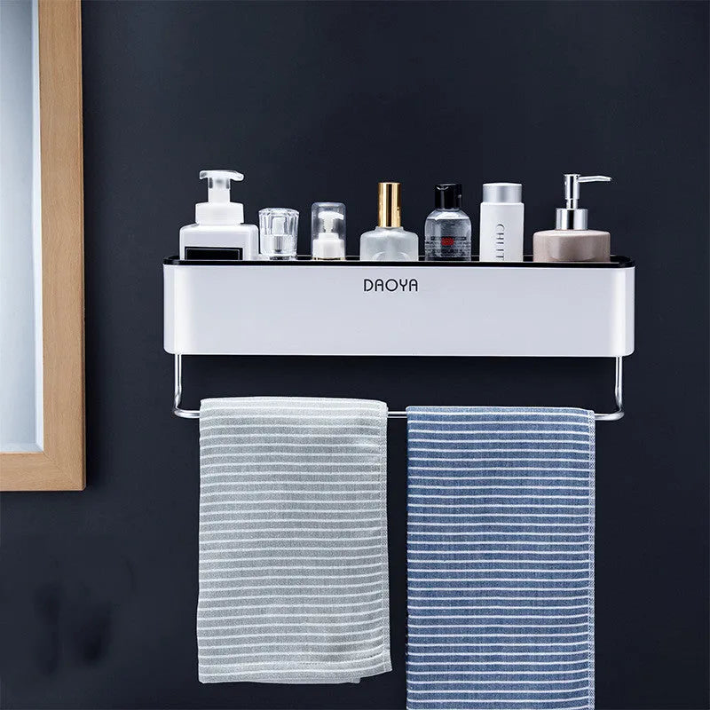 Polished plastic wall-mounted bathroom shelf for shampoo and cosmetics, hole-free installation, black colour option