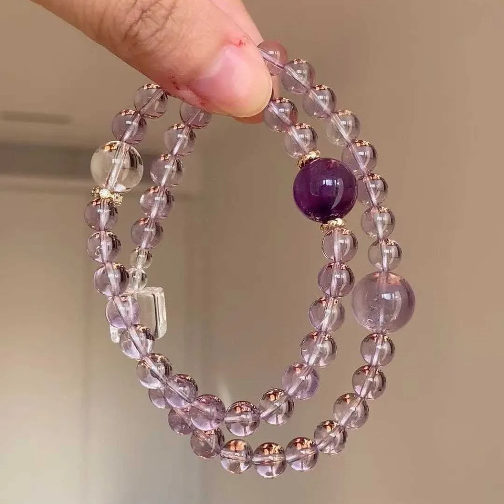 Artificial amethyst crystal bracelet for women with electroplated finish, U-shape design, four-leaf clover motif, and pearl elements