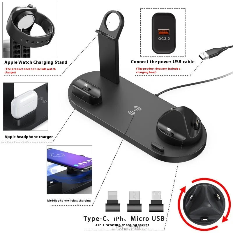 Black 15W wireless charging stand for phone headset and watch on a desk with a smartphone placed on the pad