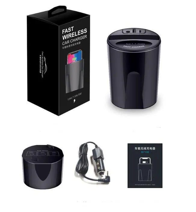 X9 car wireless charging cup in black with LED indicator and QI charging pad