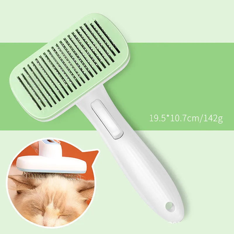 Automatic pet hair removal comb for dogs and cats in blue colour showing one-click button