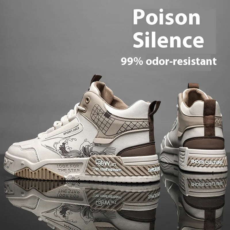 Men's beige high-top board shoes with lace-up front and flat rubber sole on a white background.