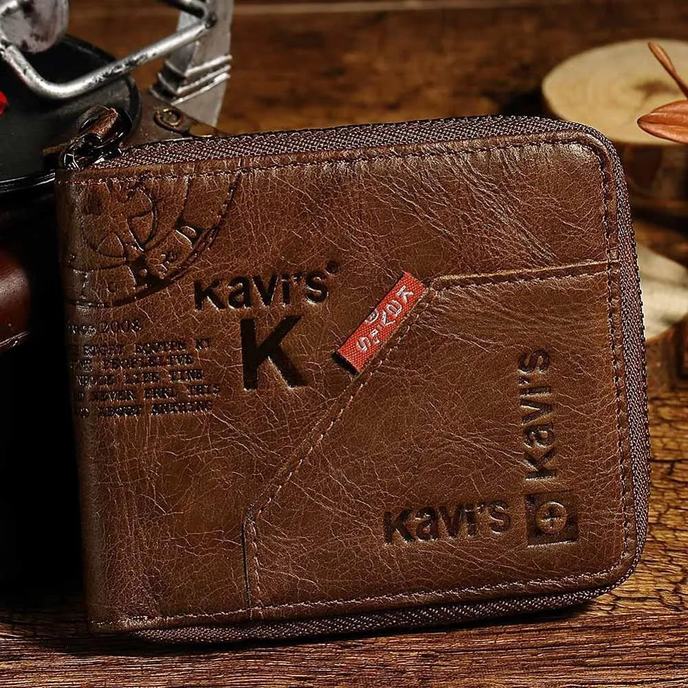 Men's genuine coffee leather zip wallet with vintage locomotive motif, open showing card slots and coin pocket