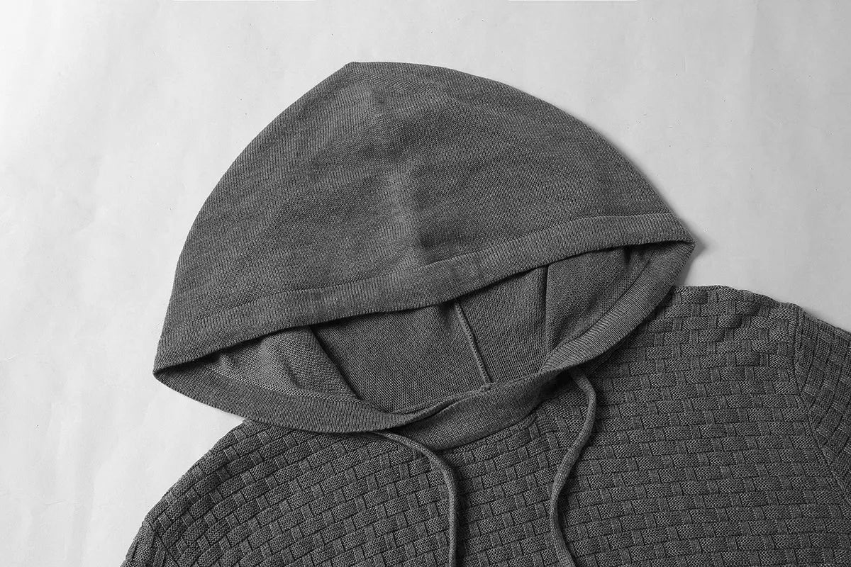 Men's cotton-polyester blend hoodie sweater on a hanger, shown in one of nine available colours.