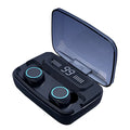 Black M11 Bluetooth wireless headset with digital display and magnetic charging case