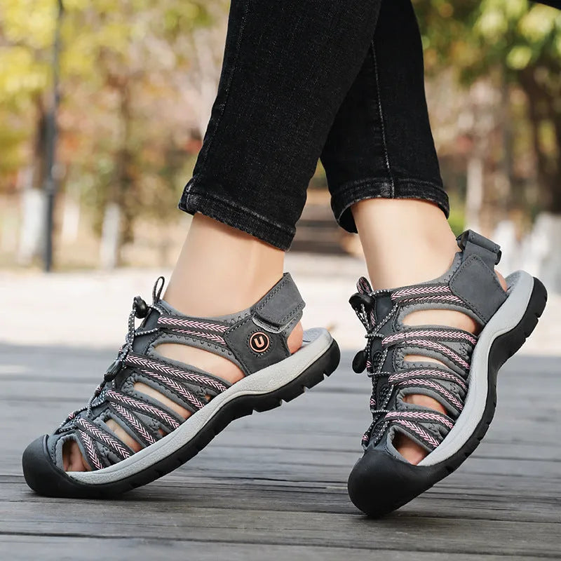 Women's toe box sandals with leather mesh upper and rubber sole in a range of colours