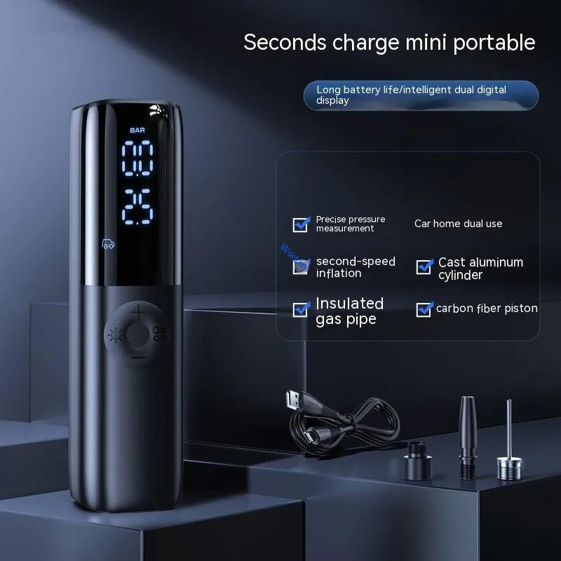 Black portable electric car air pump with digital pressure display and plug-in power cable