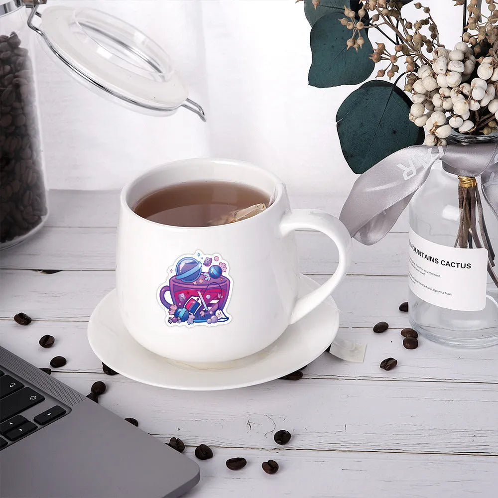 Pack of 50 colourful tea cup graffiti waterproof vinyl stickers in Nordic style for luggage and scooters.