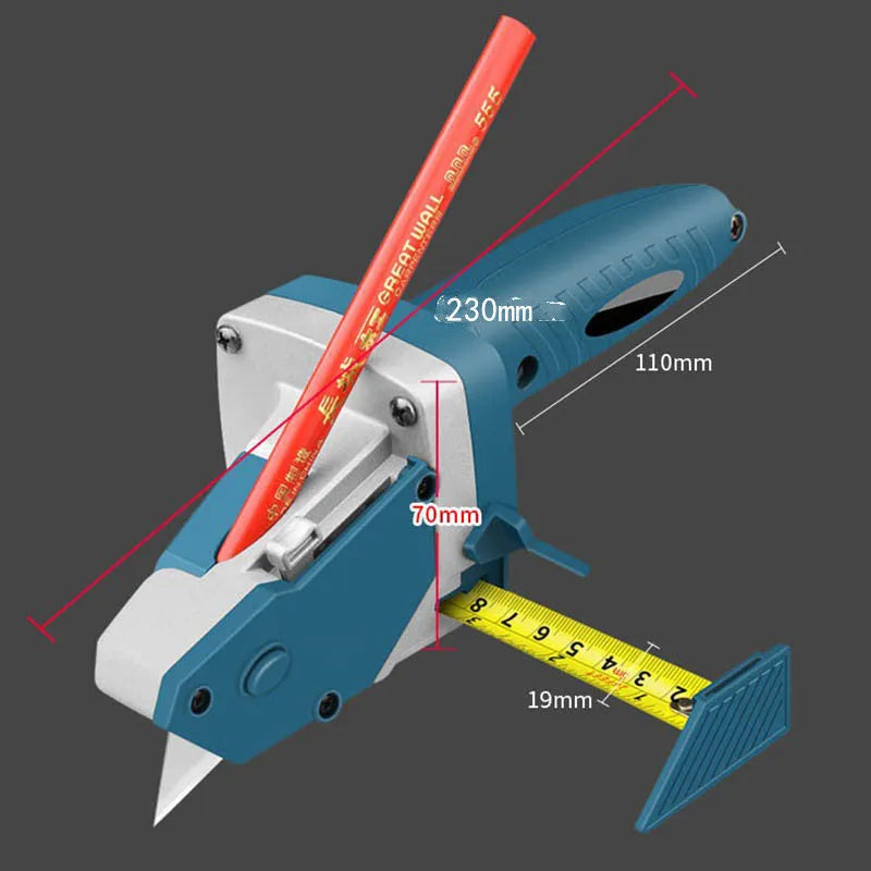 Blue multifunctional woodworking cutter with a measuring scale and one-press lock for dust-free board cutting.