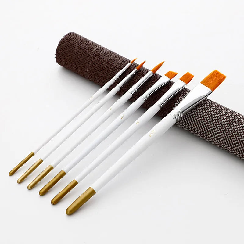 Set of 6 watercolor acrylic brushes with wood handles, aluminium ferrules, and nylon wool bristles in various sizes
