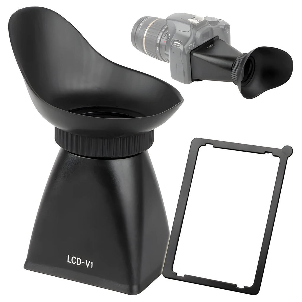 Camera framing amplifier viewfinder attached to DSLR camera LCD screen