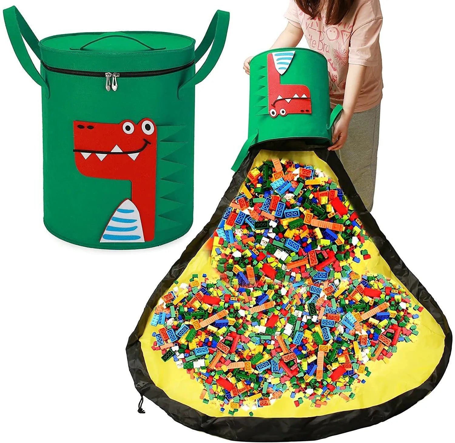Green felt cube storage bag with pull rope, unfolded flat as a large rectangular play mat.