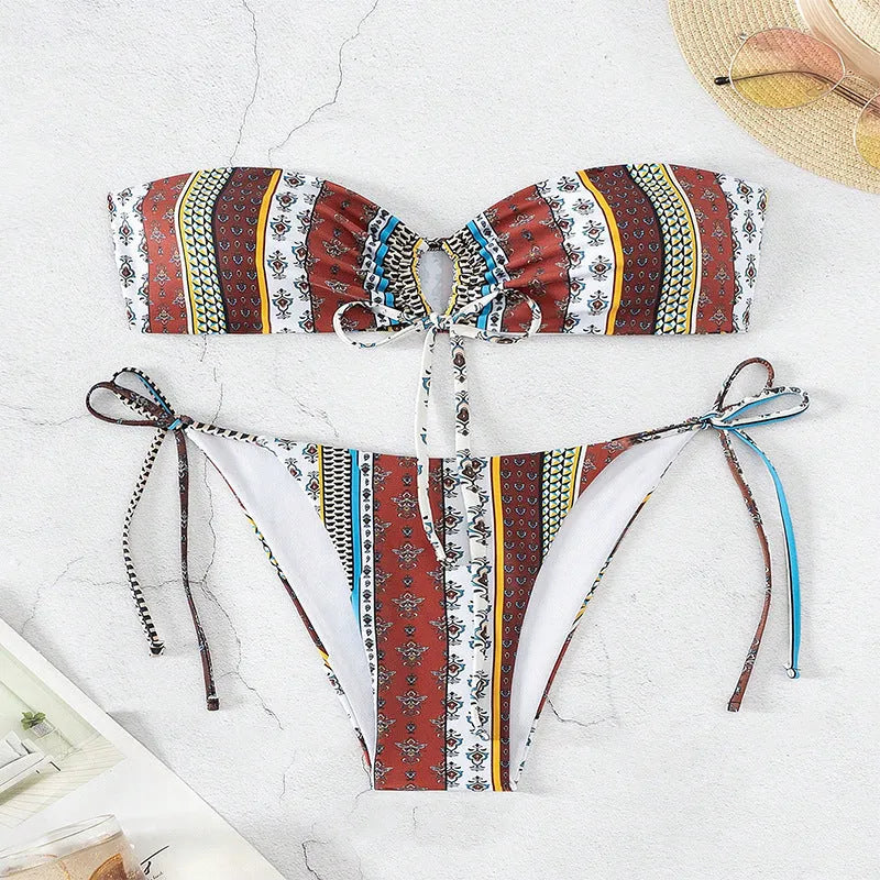 Women's printed lace-up split swimsuit in mixed colours, sleeveless polyester two-piece bikini set with bra and pants