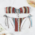 Women's printed lace-up split swimsuit in mixed colours, sleeveless polyester two-piece bikini set with bra and pants