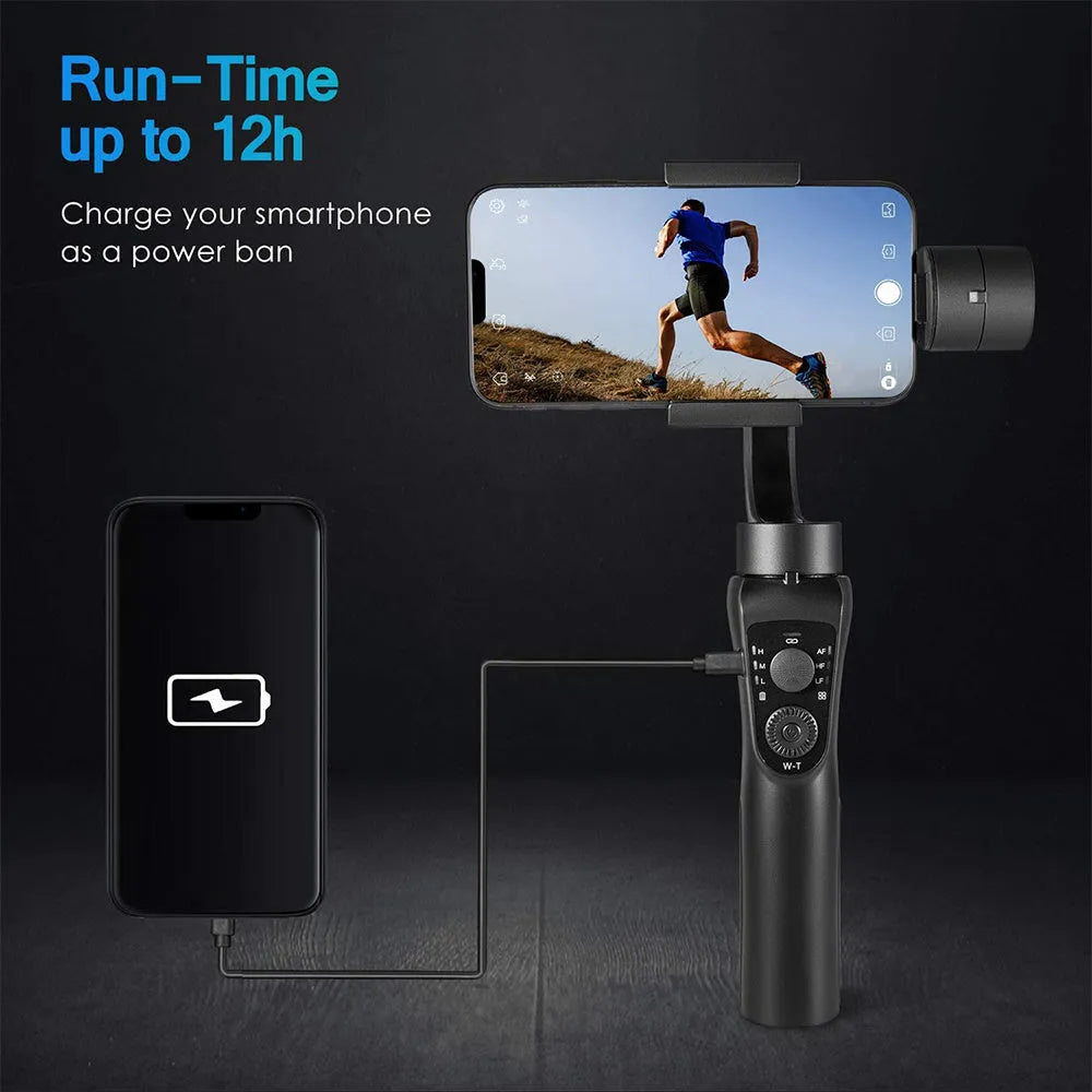 Black three-axis handheld gimbal stabilizer for mobile phones with extended battery and carrying cases