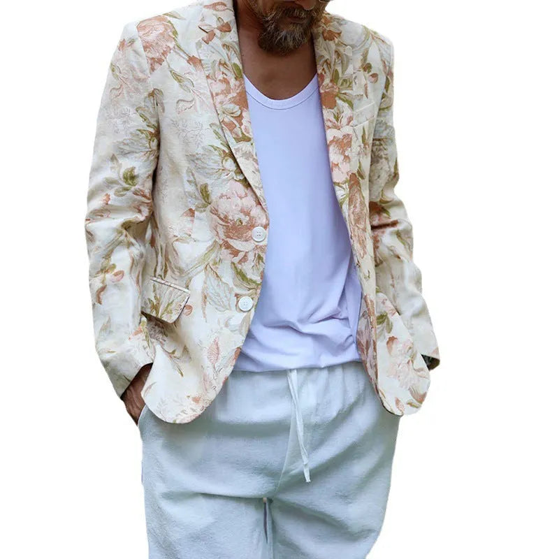 White casual printing suit top for men with long sleeves, polyester fabric, Asian sizing S-XXXL