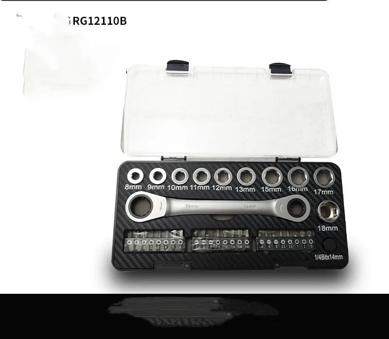 Ratchet wrench set with sockets and batch heads arranged alongside dual-purpose tool
