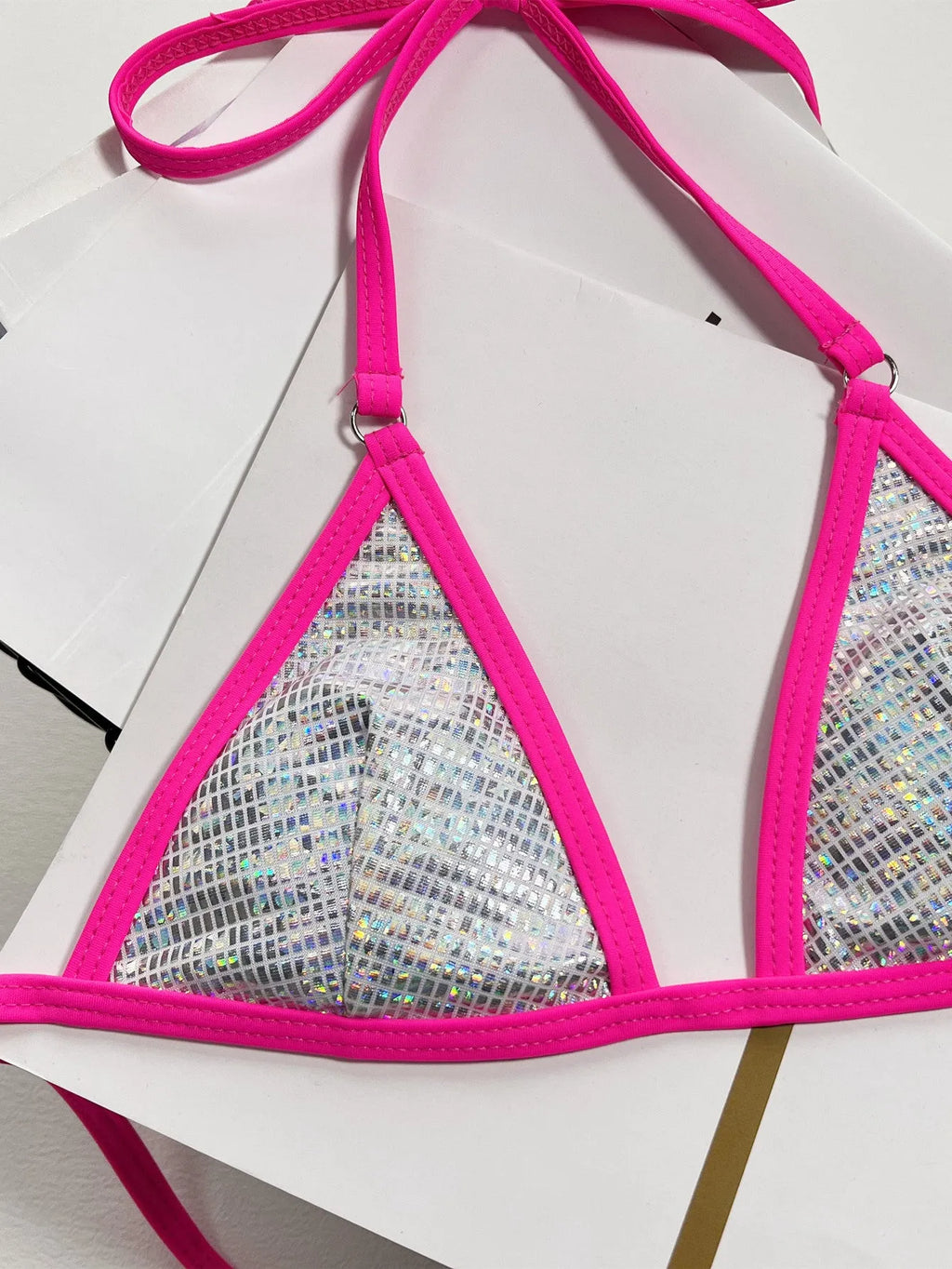 Solid colour women's split triangle bag swimsuit in silver made from polyester fibre for swimming and wading