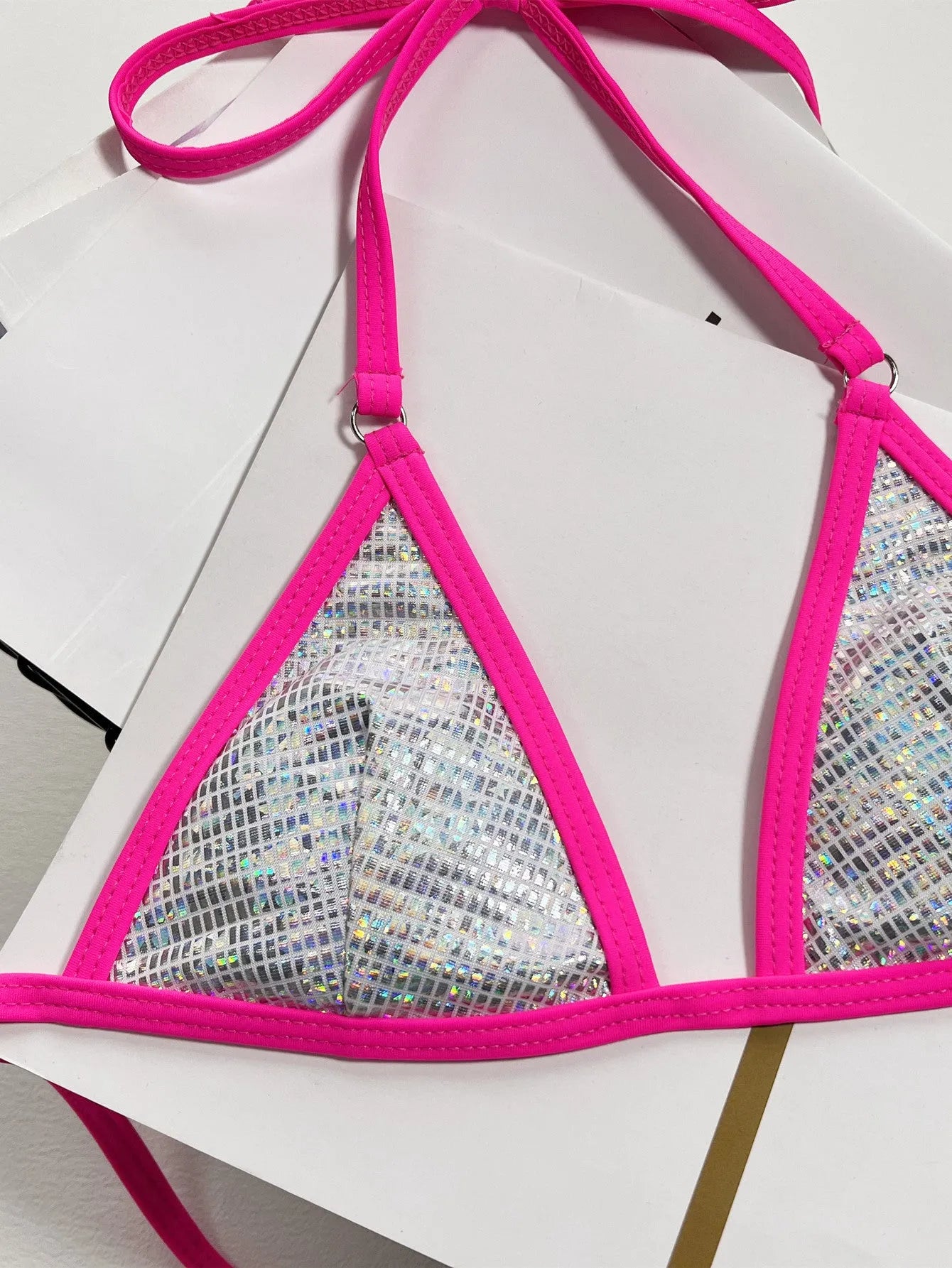 Solid colour women's split triangle bag swimsuit in silver made from polyester fibre for swimming and wading