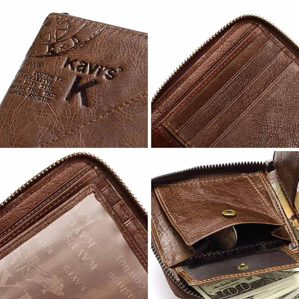 Men's genuine coffee leather zip wallet with vintage locomotive motif, open showing card slots and coin pocket